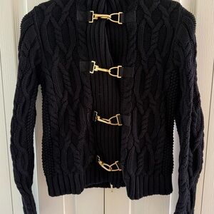 Chic Black Cable Knit Sweater with Gold Buckles